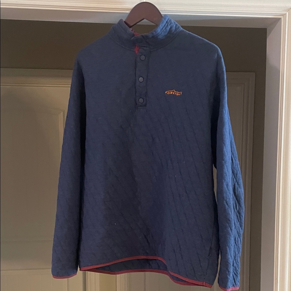 Orvis Blue Quilted Pullover with Red Trim